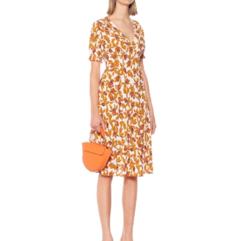Diane Von Furstenberg Idris Shirred Floral-print Crepe Dress In Orange